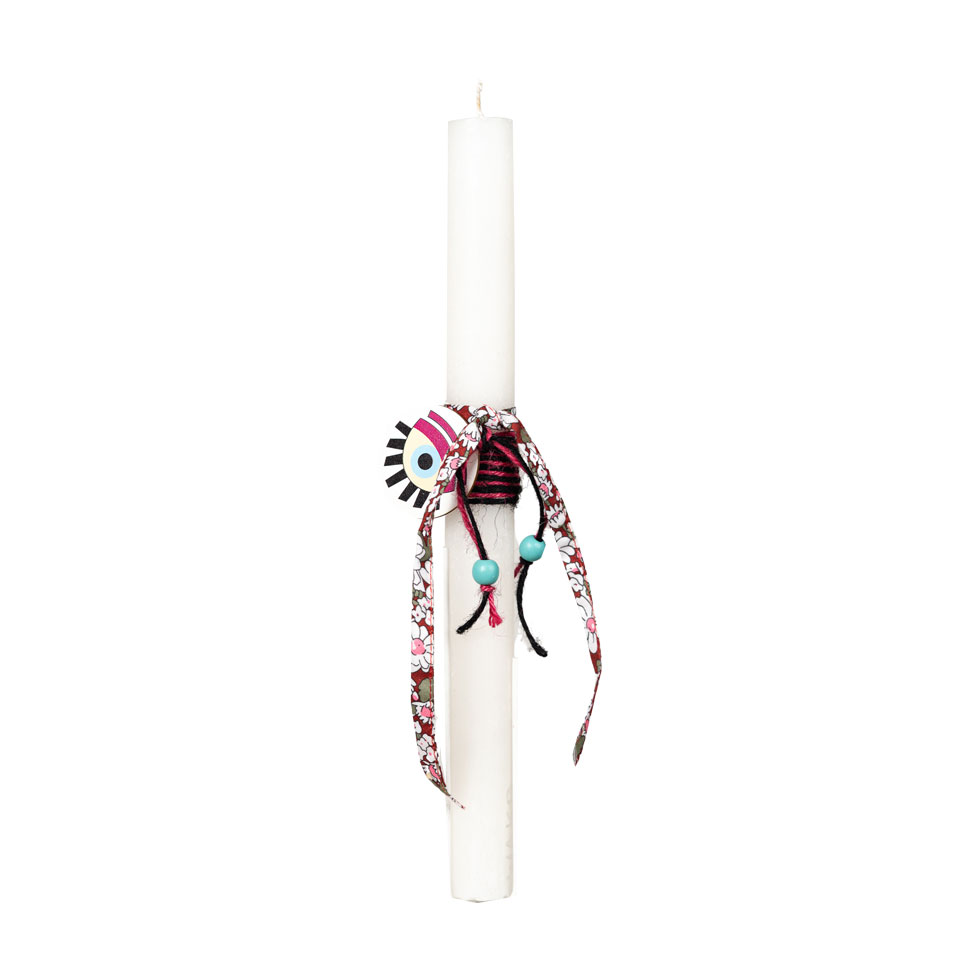 Λευκή πασχαλινή λαμπάδα με ξύλινο διακοσμητικό μάτι 