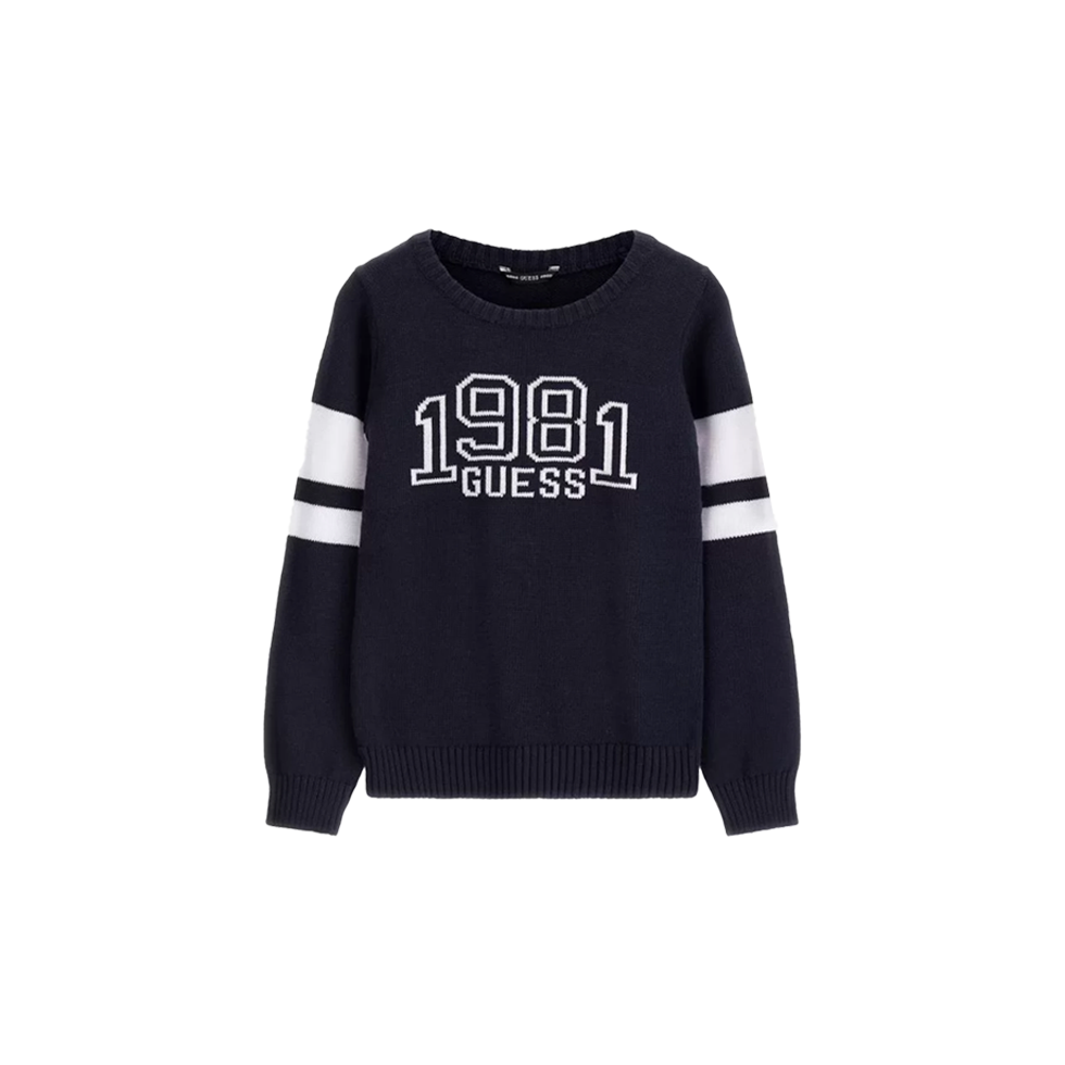 Μπλε πουλόβερ με λευκές λεπτομέρειες