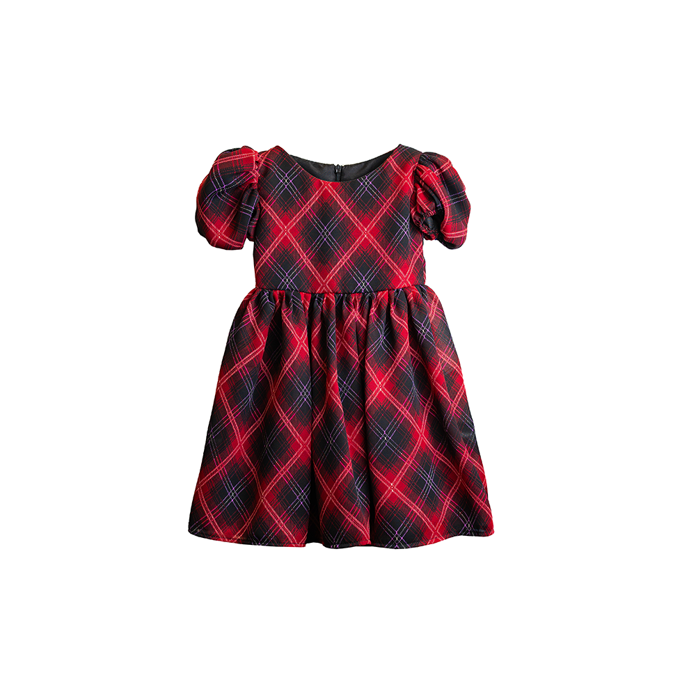 Red checkered dress with puffed sleeves