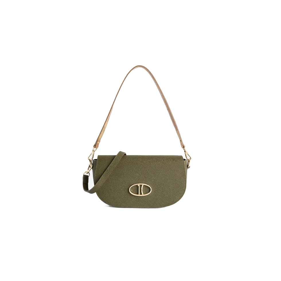 Λαδί χιαστί δερμάτινη τσάντα με χρυσό κούμπωμα 