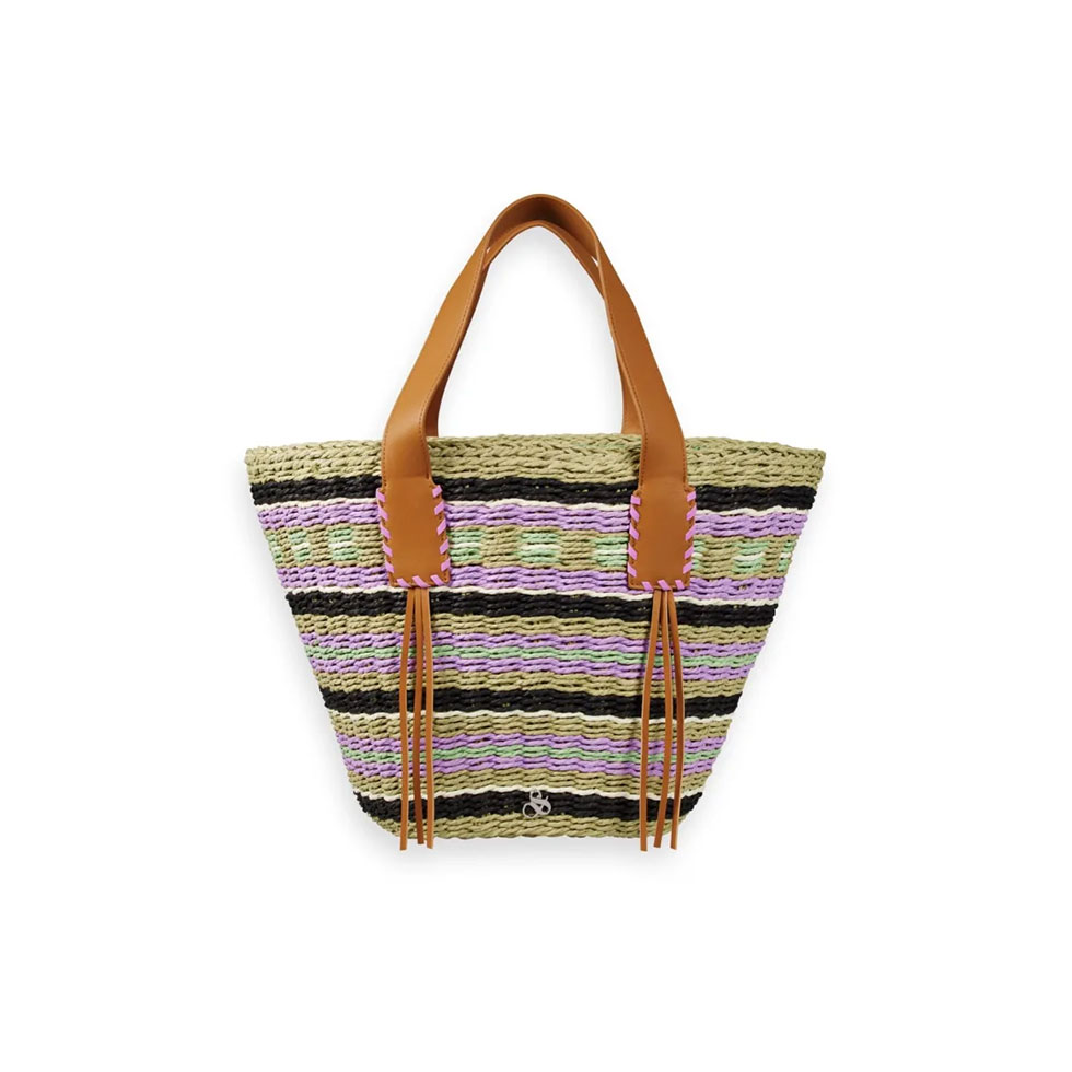 Colorful straw bag with leather straps
