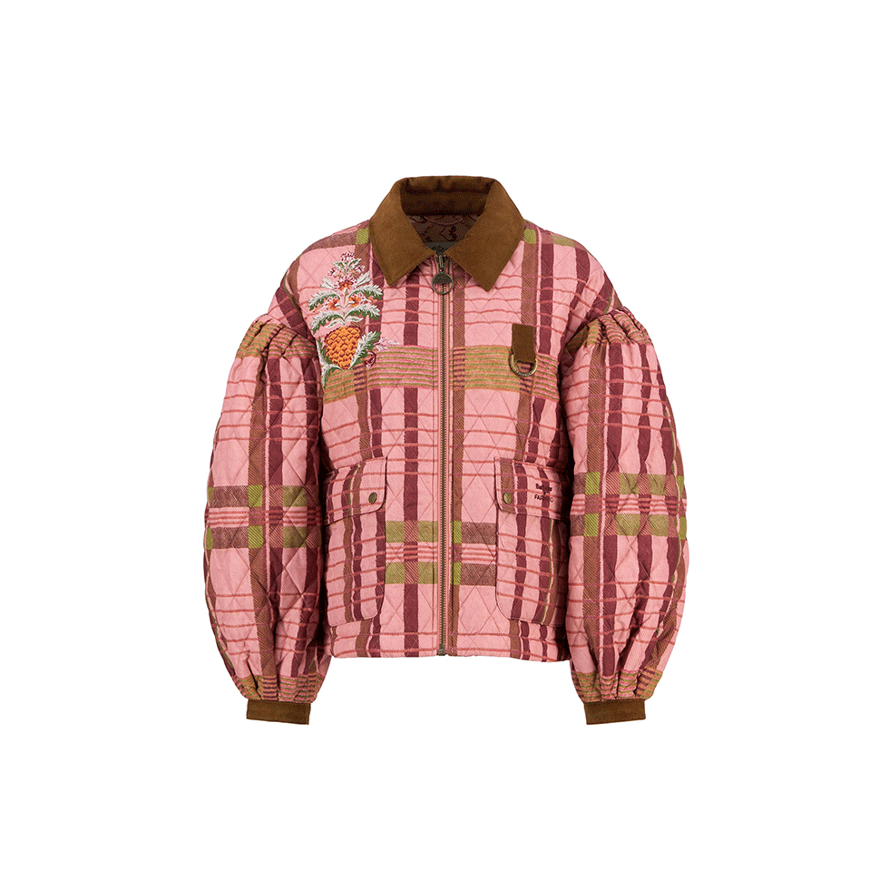 Ροζ εμπριμέ jacket με φουσκωτά μανίκια Barbour x Farm Rio 