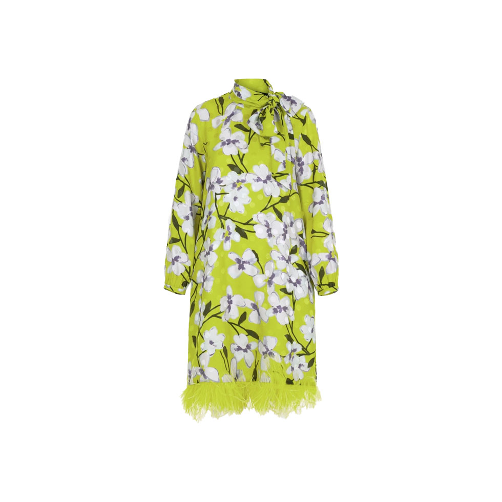 Εμπριμέ μεταξωτό ζακάρ φόρεμα με πούπουλα 