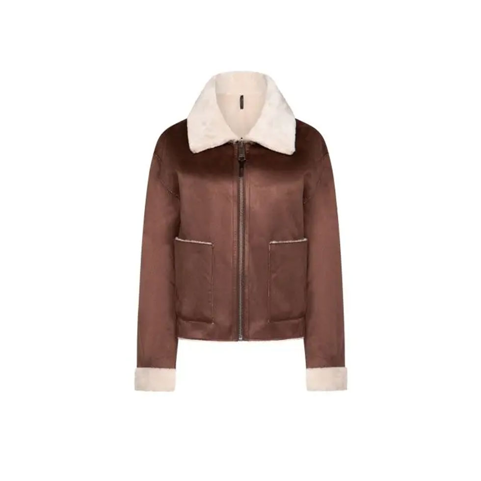 Καφέ suede jacket με γούνινη επένδυση