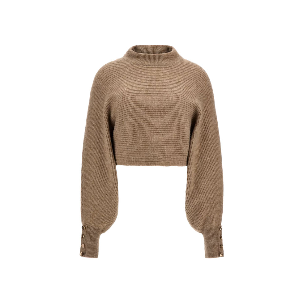 Μπεζ cropped πουλόβερ με κουμπιά στα μανίκια