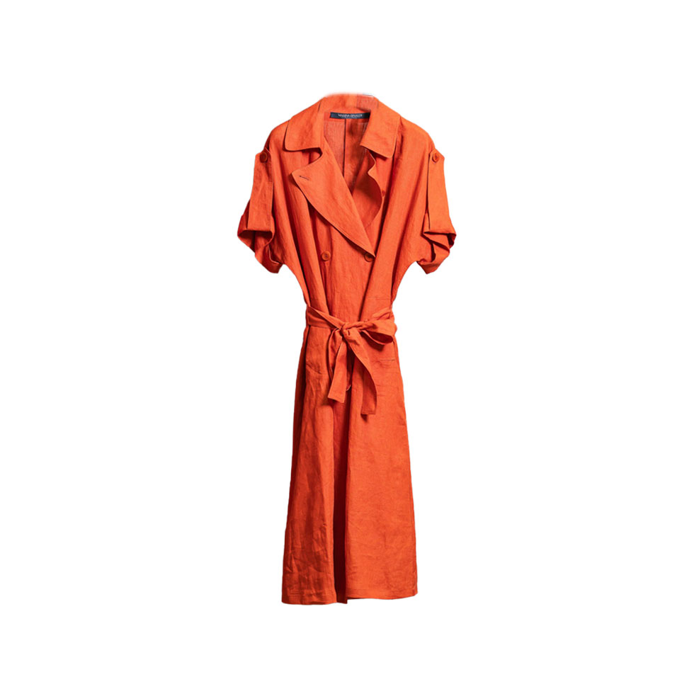 Πορτοκαλί λινό φόρεμα με δετή ζώνη 