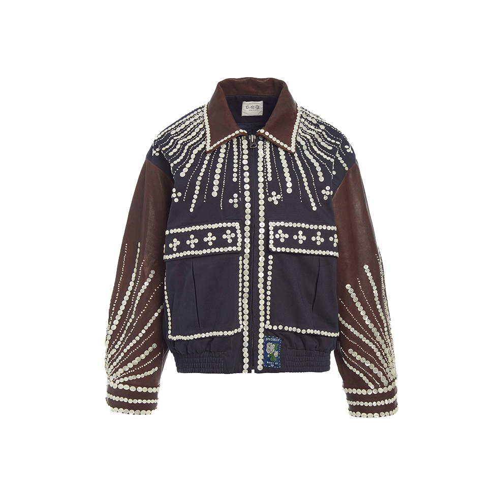 Navy beaded jacket with brown sleeves, Sea NY