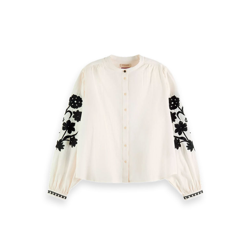 Εκρού πουκάμισο με μαύρα floral κεντήματα