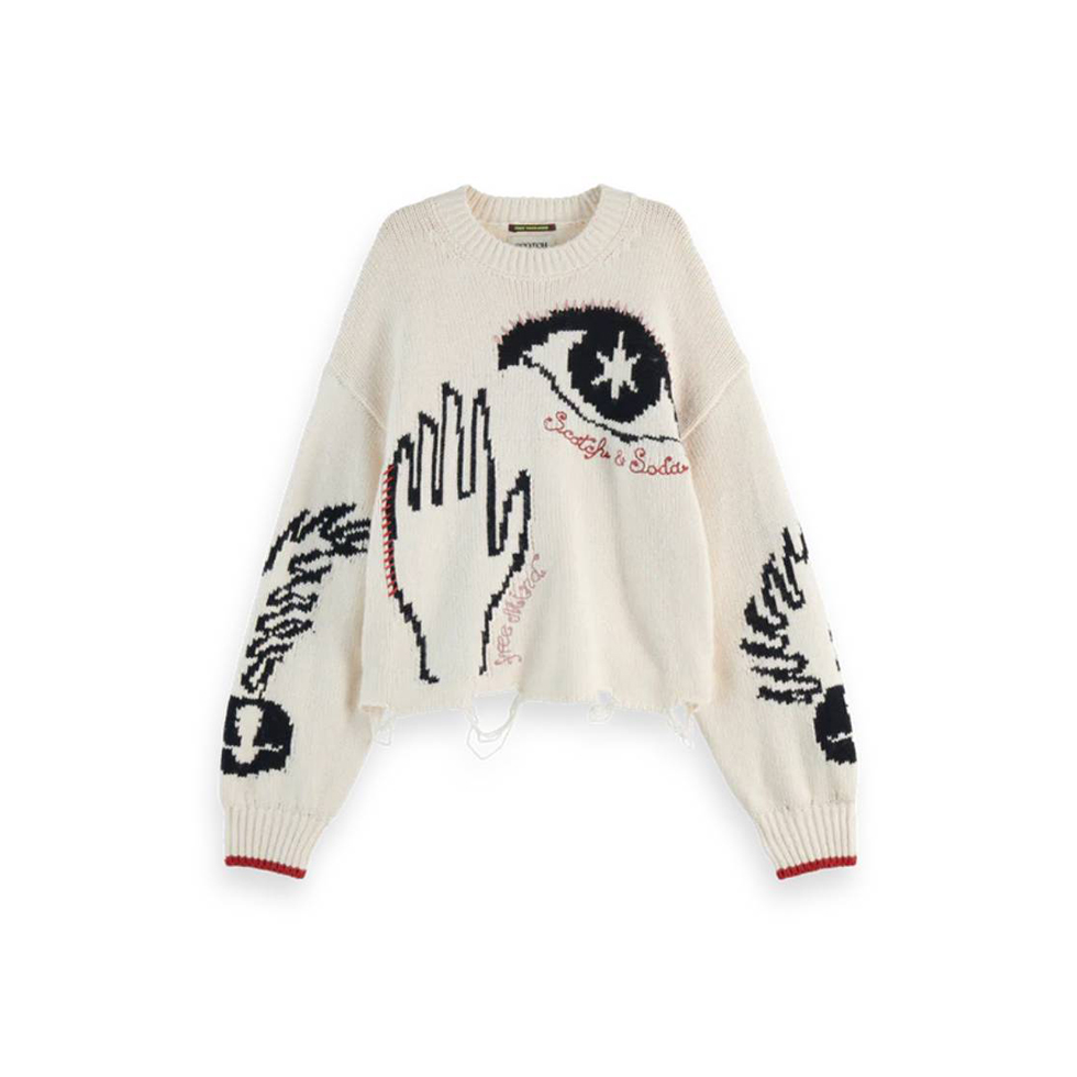 Λευκό πουλόβερ με μοτίβα Intarsia 