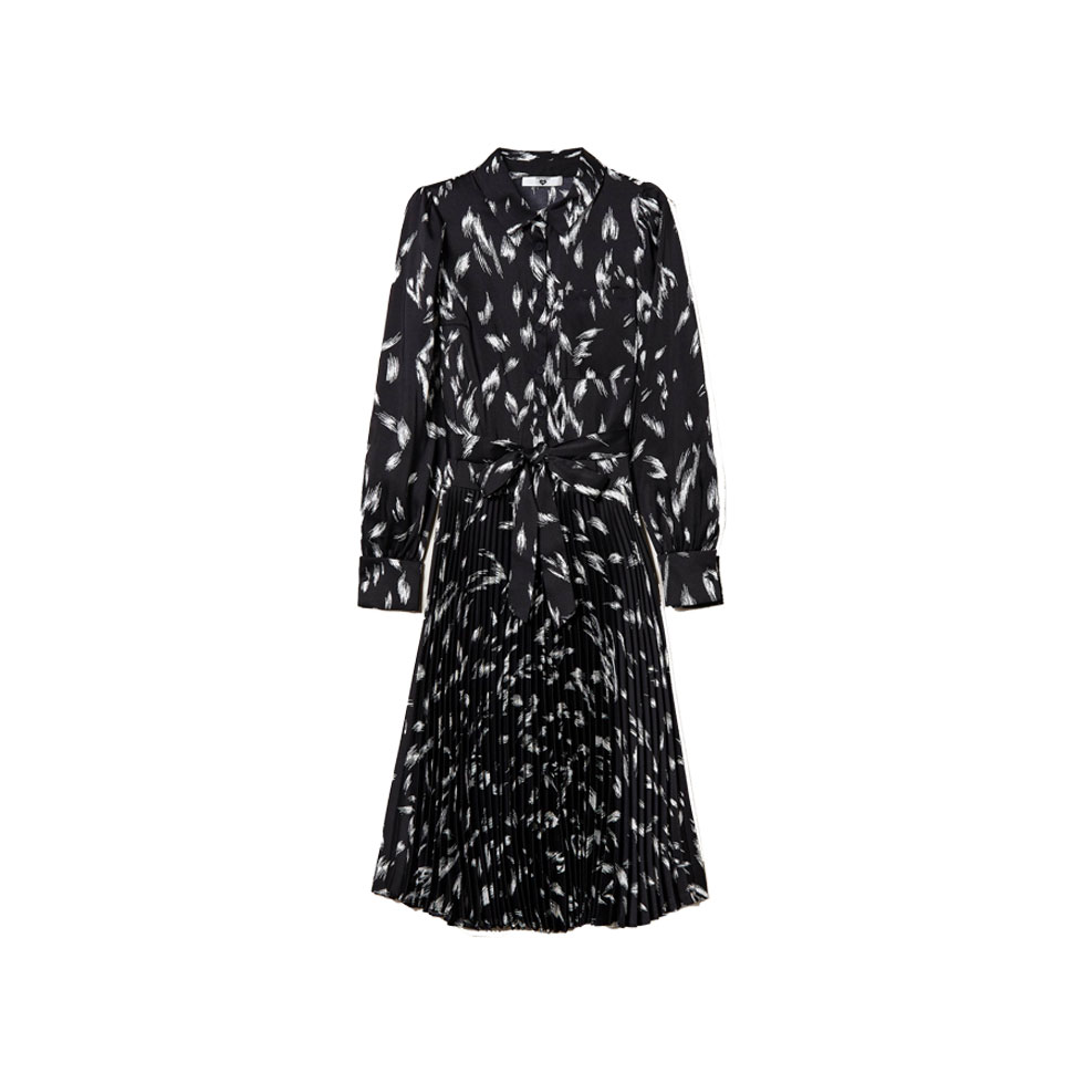 Black midi pleated dress with print