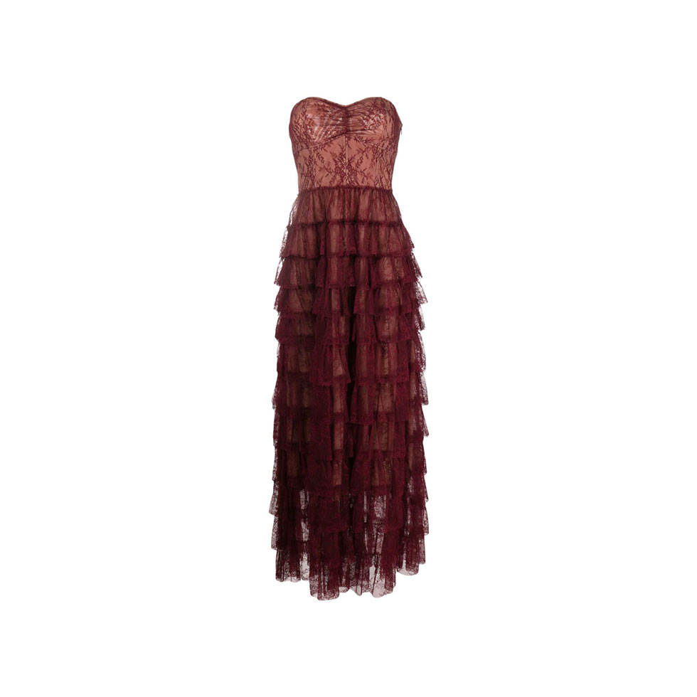 Burgundy strapless dress with tulle