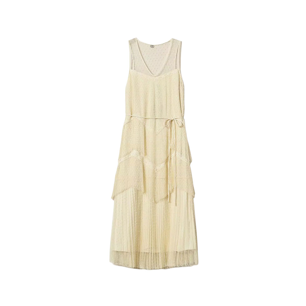 Κίτρινο φόρεμα από τούλι με πλισέ βολάν