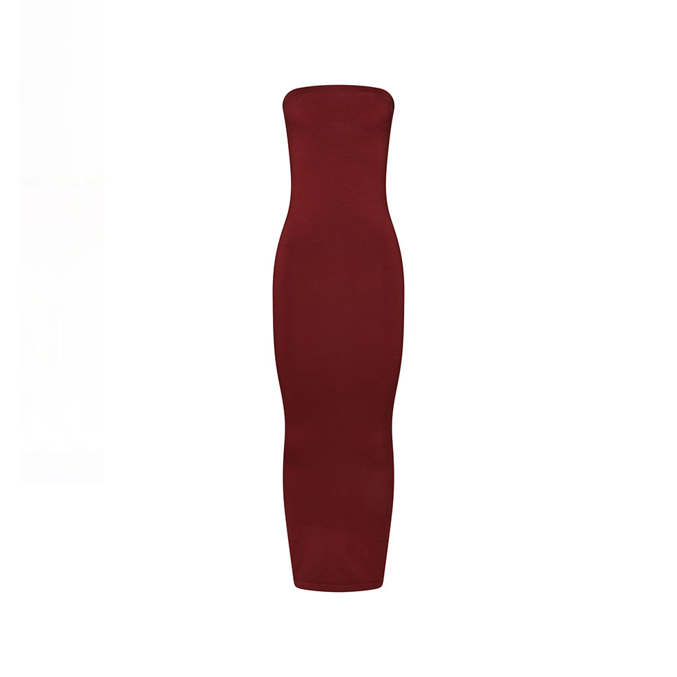 Burgundy strapless fitted dress