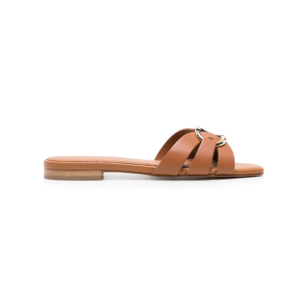 Brown leather sandals with metal logo