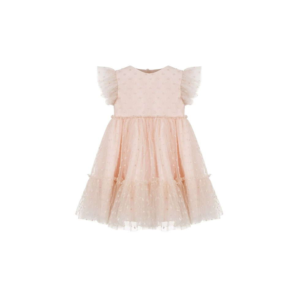 Pink christening dress with polka dot details