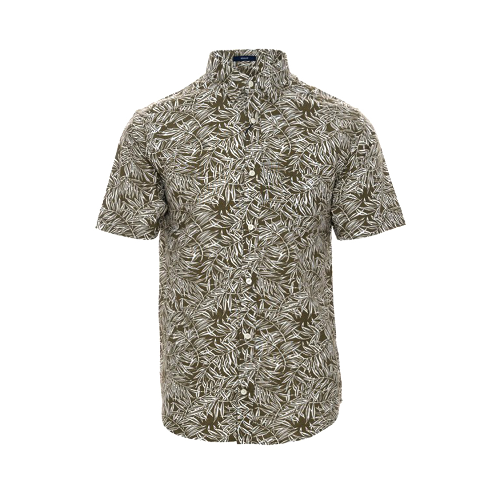 Λαδί, λινό, κοντομάνικο πουκάμισο