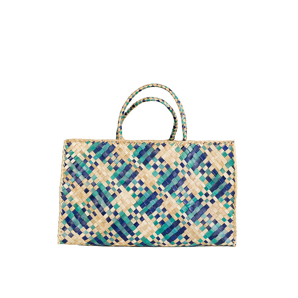 Μπεζ - μπλε, ψάθινη τσάντα 