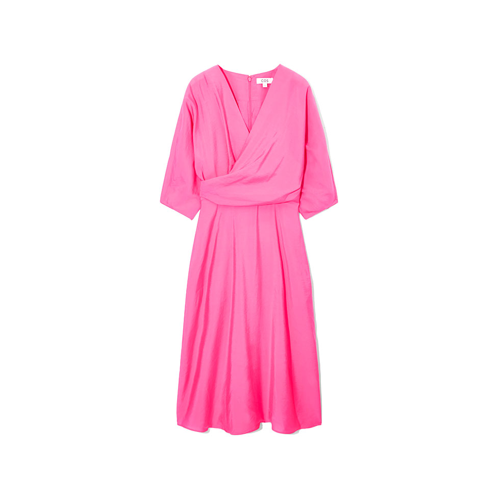 Ροζ midi φόρεμα με φουσκωτά μανίκια